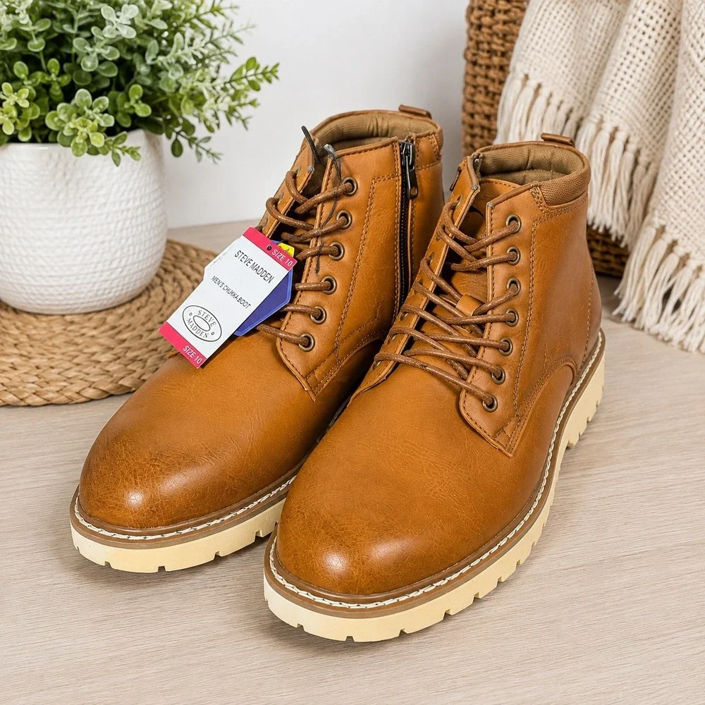 Steve Madden Mens P-Bowery Cognac Chukka Ankle Boots Side Zip Size 10 NEW